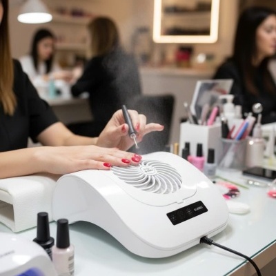 Dispositivo branco de aspiração para manicure numa mesa de vidro com unhas a serem tratadas e acessórios de manicure