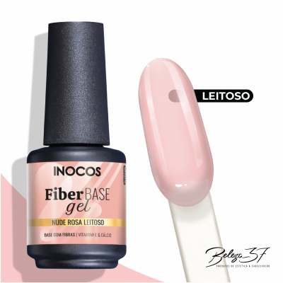 Frasco de gel base para unhas INOCOS nude rosa leitoso e amostra da cor