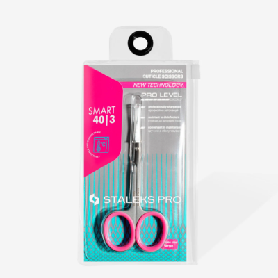 Tesoura profissional para cutículas Staleks Pro SMART 40|3 com pegas rosa em embalagem transparente
