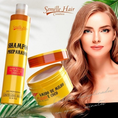 Produtos Semélle Hair shampoo e amido de milho e coco junto a mulher loira com cabelo comprido