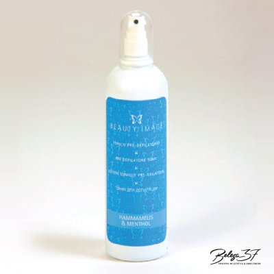 Frasco branco com pulverizador e rótulo azul de tónico pré-depilação