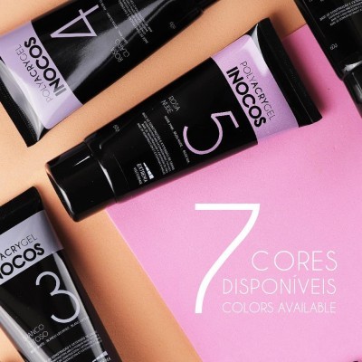 Tubos de gel acrílico INOCOS com números e texto sobre fundo colorido