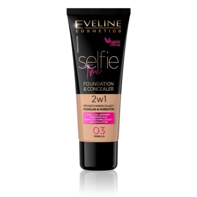 Tubo preto de base e corretor Eveline Cosmetics Selfie Time 2 em 1 cor Vanilla