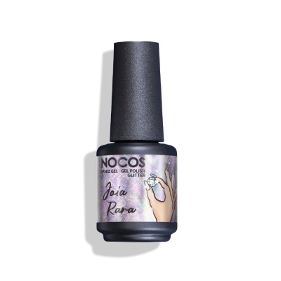 Frasco de verniz gel para unhas NOÇOS com etiqueta roxa glitter e tampa preta
