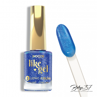 Esmalte gel azul brilhante com glitter em frasco de vidro com tampa dourada