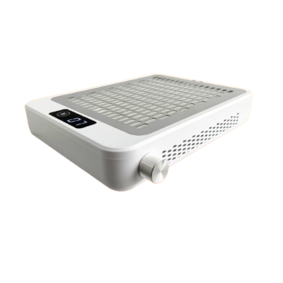 Dispositivo retangular branco com grelha metálica e visor digital