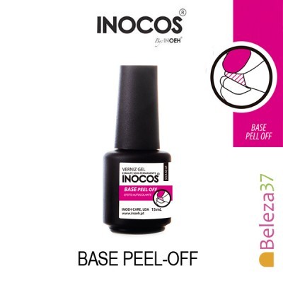 Frasco de verniz gel INOCOS BASE PEEL OFF com texto e gráfico rosa
