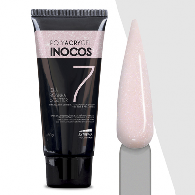 Frasco preto de poliacrílico INOCOS com rótulo rosa e amostra cor chá rosinha com glitter