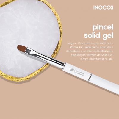 Pincel solid gel branco com ponteira castanha e placa decorativa branca com borda dourada