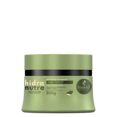 Máscara de tratamento para cabelo Haskell Hidra Nutre 2 em 1 300g embalagem verde
