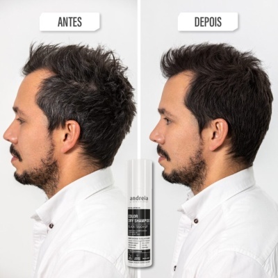 Comparação antes e depois do uso do spray Andreia Color Fix Shampoo Hair Touch-Up mostrando homem com cabelo e barba mais cheios.