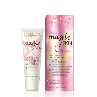 Creme hidratante Eveline Magic Skin CC em embalagem e tubo rosa e branco.