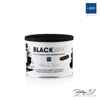 Recipiente branco de cera depilatória BLACK WAX com tampa preta e rótulos em italiano.