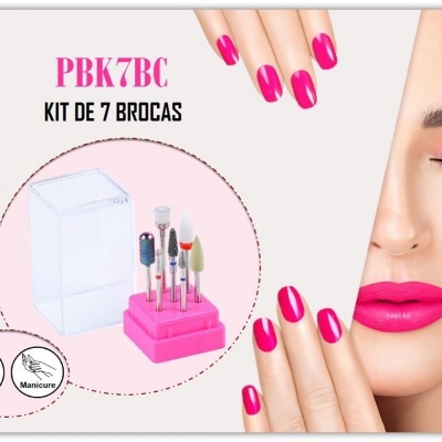 Kit de 7 brocas para manicure e pedicure com suporte rosa e maquilhagem rosa vibrante