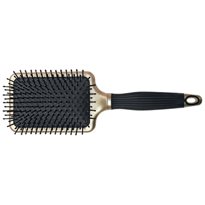 Escova de cabelo raquete preta com cabo preto e detalhes dourados