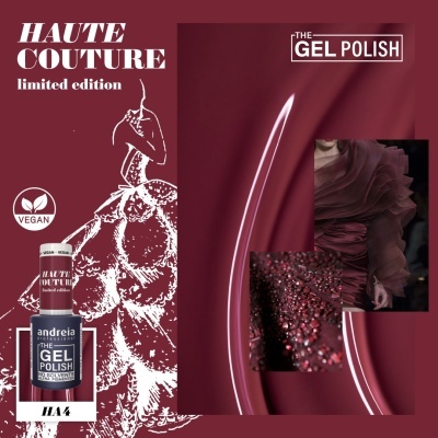 Verniz gel para unhas HAUTE COUTURE limited edition, cor HA 4, selo VEGAN, fundo vinho com ilustração e texturas