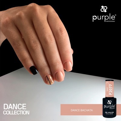Verniz gel Purple Professional DANCE BACHATA P2077 aplicado em unhas nude, preta e dourada, embalagem preta com tampa rosa