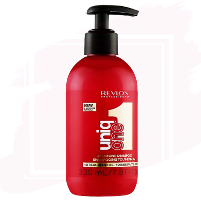 Frasco vermelho com doseador preto de shampoo Revlon Professional All In One 230 ml.
