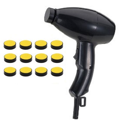 Secador de cabelo preto com tampas redondas amarelas e pretas