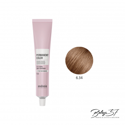 Tubo de tinta de cabelo permanente Andreia cor 6.34 castanho claro com amostra de cor e logótipo Beleza 57