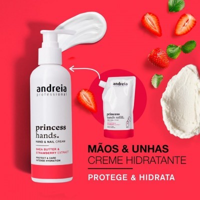 Frasco de creme hidratante para mãos e unhas com manteiga de karité e extrato de morango, morangos frescos e creme espalmado num fundo vermelho.