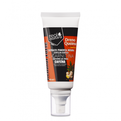 Frasco branco de spray cosmético Real Natura Dreno Queima com rótulo preto e laranja