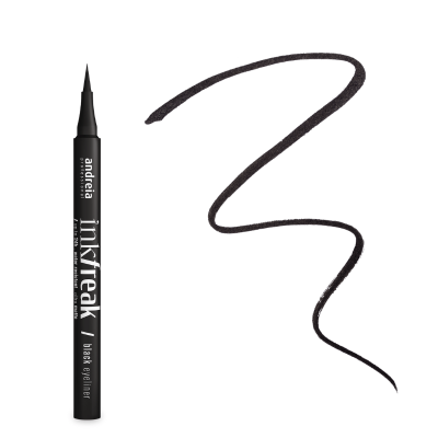 Eyeliner líquido preto da marca andreia, modelo inkfreak, com traço preto desenhado