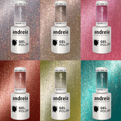 Seis frascos de verniz de gel Andreia Professional em cores metálicas diferentes, com rótulos e fundos brilhantes.