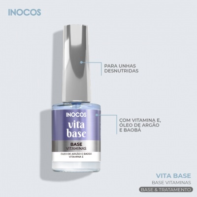 Frasco de verniz para unhas violeta da marca INOCOS com texto informativo