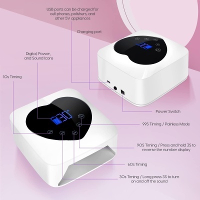 Dispositivo electrónico branco com visor digital e botões num fundo rosa