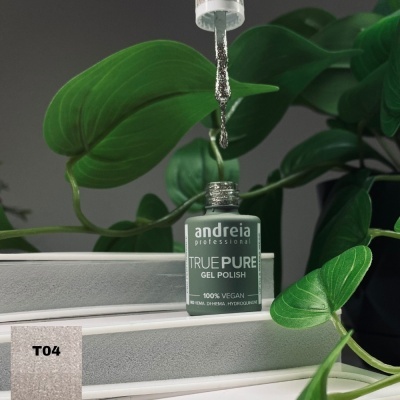 Frasco de verniz em gel Andreia Professional True Pure cinzento e gotas a cair, com folhas verdes ao fundo