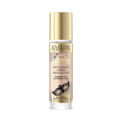 Frasco de iluminador líquido para rosto e corpo dourado da Eveline Cosmetics Variete
