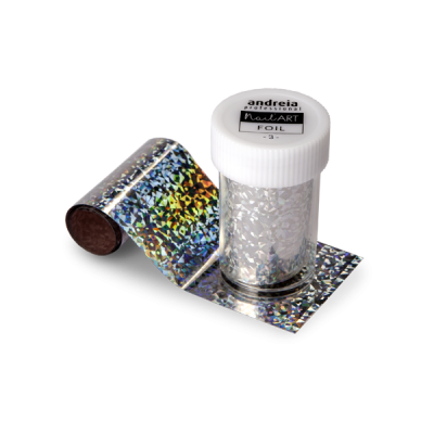 Frasco branco com rótulo e folha holográfica prateada