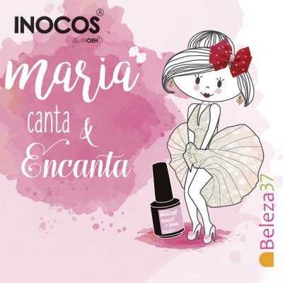 Imagem publicitária com personagem cartoon, verniz de unhas rosa INOCOS e texto promocional
