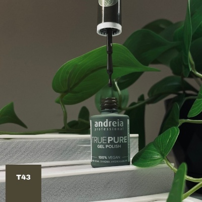 Verniz gel Andreia True Pure cor T43 com folhas verdes em fundo neutro