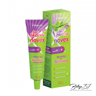 Produto Super Babosão Novex em embalagem e tubo verdes com detalhes em roxo e rosa, 80g.