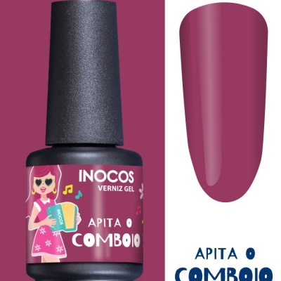 Frasco de verniz gel INOCOS rosa escuro com ilustração e amostra da cor