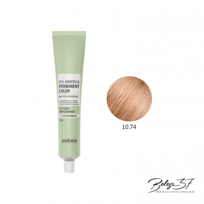 Tubo de coloração capilar Andreia 0% Ammonia e amostra da cor 10.74 castanho claro dourado