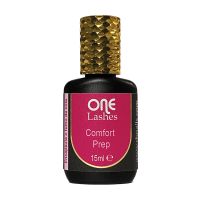 Frasco preto com tampa dourada e rótulo rosa e branco de produto ONE Lashes Comfort Prep 15ml