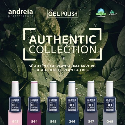 Conjunto de seis vernizes gel da coleção Authentic Collection com fundo de folhas verdes