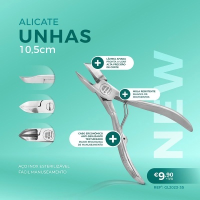 Alicate para unhas em aço inox com características e preço exibidos