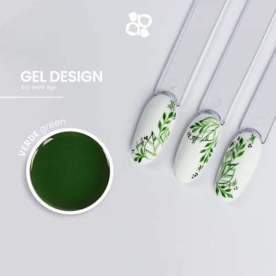 Gel verde para unhas e amostras de unhas postiças com desenhos verdes de folhas