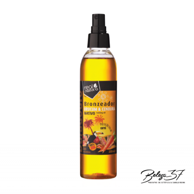 Frasco de óleo bronzeador Urucum e Cenoura da Real Natura com spray preto