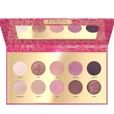 Paleta de sombras Eveline Cosmetics com 10 cores variadas em embalagem rosa com dourado