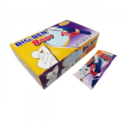 Caixa e embalagem de vela BIG BEN BODY em amarelo, azul, vermelho e branco