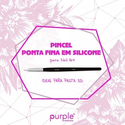Pincel ponta fina em silicone para nail art com cabo preto e texto em fundo floral rosa