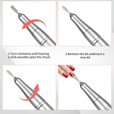 Instruções para substituir pontas de broca para unhas com imagens da ferramenta prateada e texto em inglês.