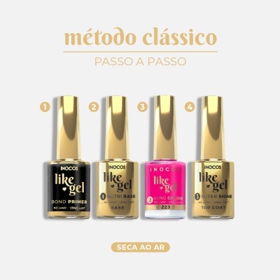 Quatro frascos de verniz de gel INOCOS com tampas douradas, incluindo base, cor rosa e top coat