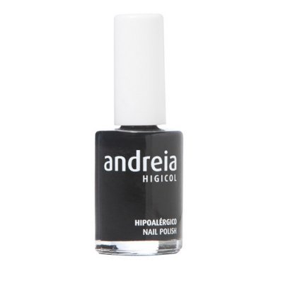 Frasco de esmalte de unhas preto da Andreia com tampa branca