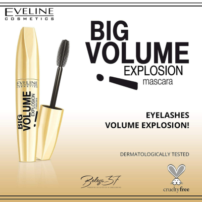 Máscara de pestanas Big Volume Explosion da Eveline Cosmetics em embalagem dourada com texto preto